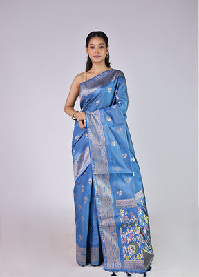 Blue Dupion Silk Saree With Blouse Piece