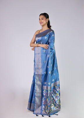 Blue Dupion Silk Saree With Blouse Piece