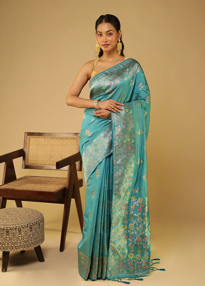 Blue Dupion Silk Saree With Blouse Piece