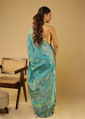 Blue Dupion Silk Saree With Blouse Piece
