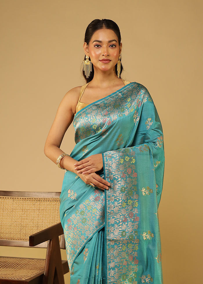 Blue Dupion Silk Saree With Blouse Piece