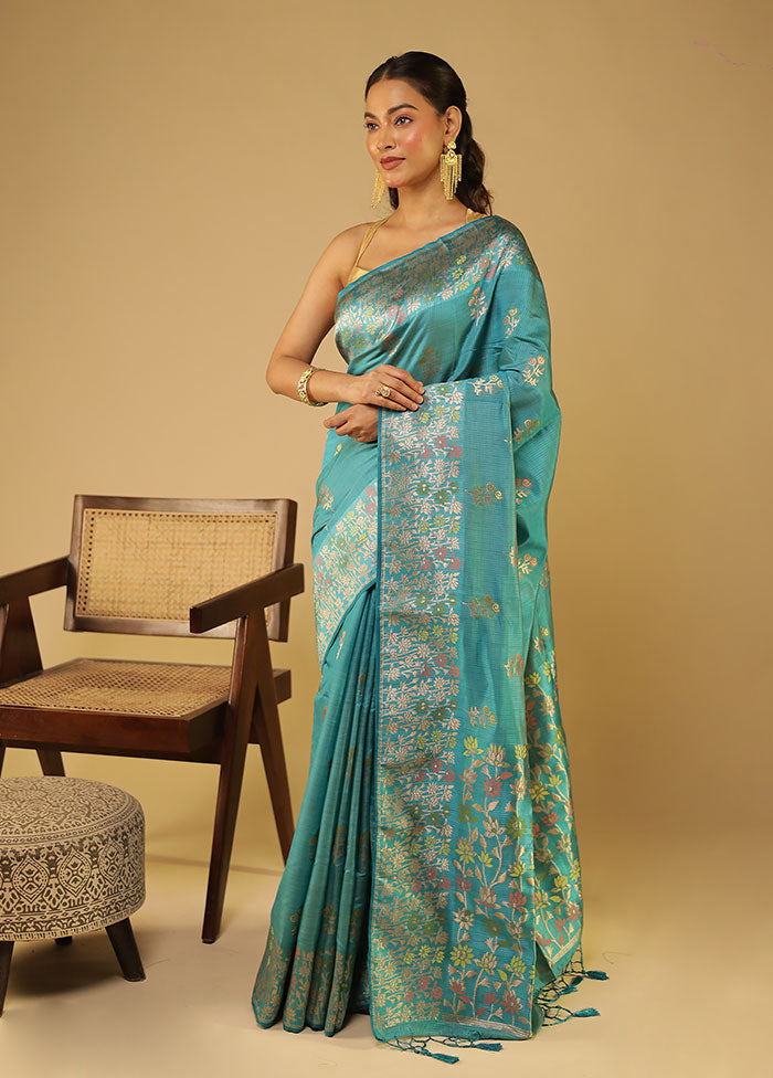 Blue Dupion Silk Saree With Blouse Piece
