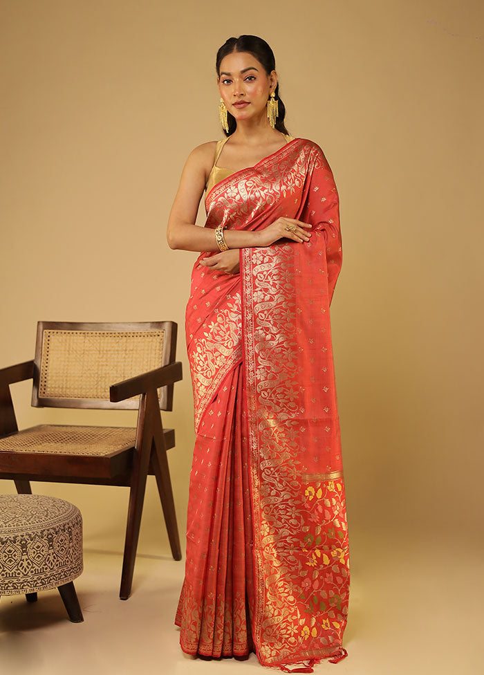Red Dupion Silk Saree With Blouse Piece