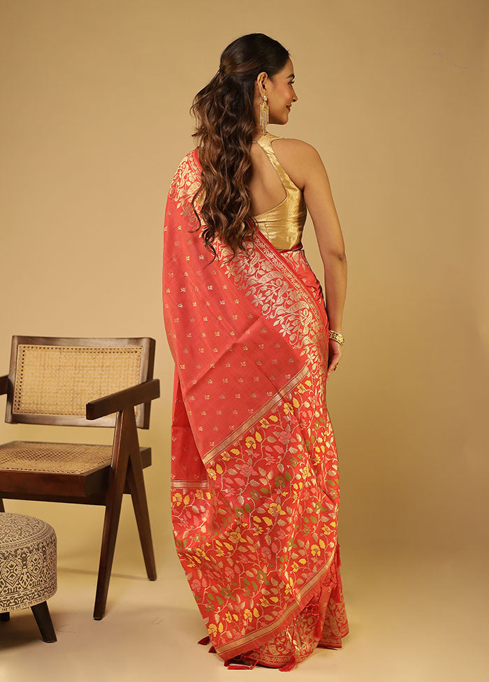 Red Dupion Silk Saree With Blouse Piece
