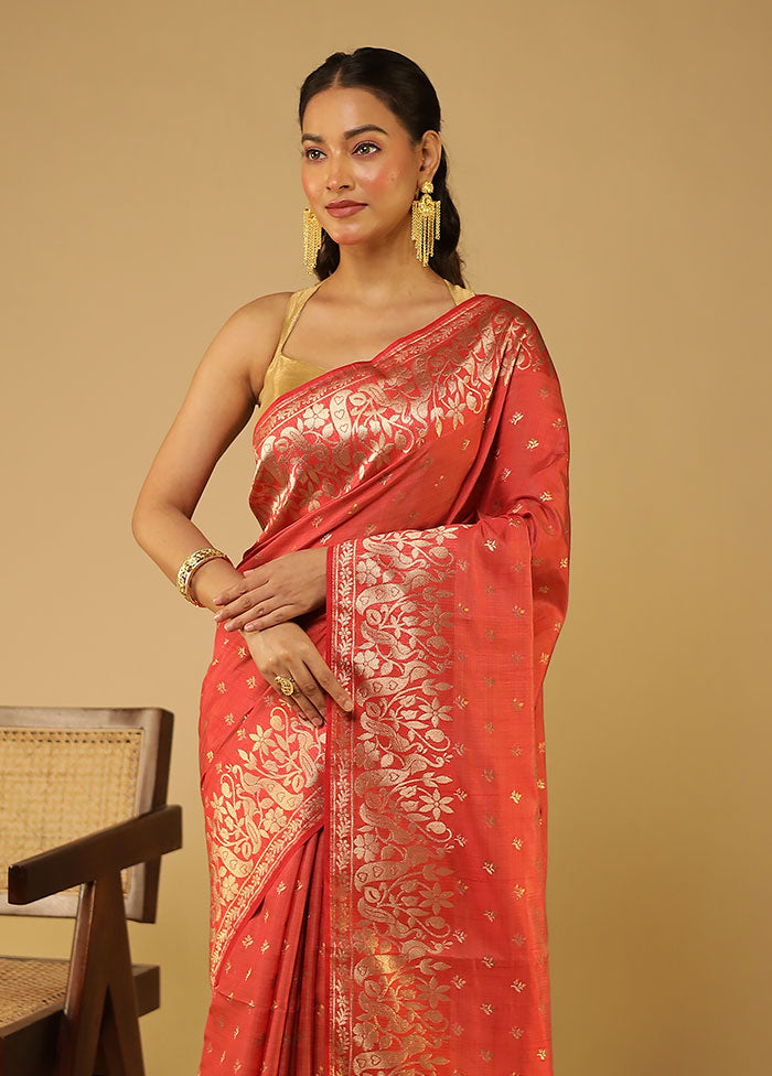 Red Dupion Silk Saree With Blouse Piece