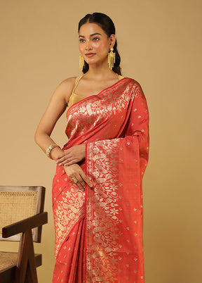 Red Dupion Silk Saree With Blouse Piece