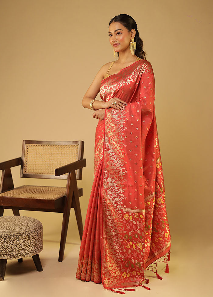 Red Dupion Silk Saree With Blouse Piece