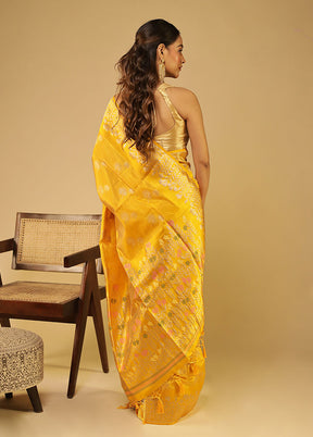 Yellow Dupion Silk Saree With Blouse Piece