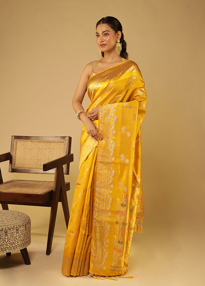 Yellow Dupion Silk Saree With Blouse Piece