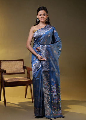 Blue Dupion Silk Saree With Blouse Piece