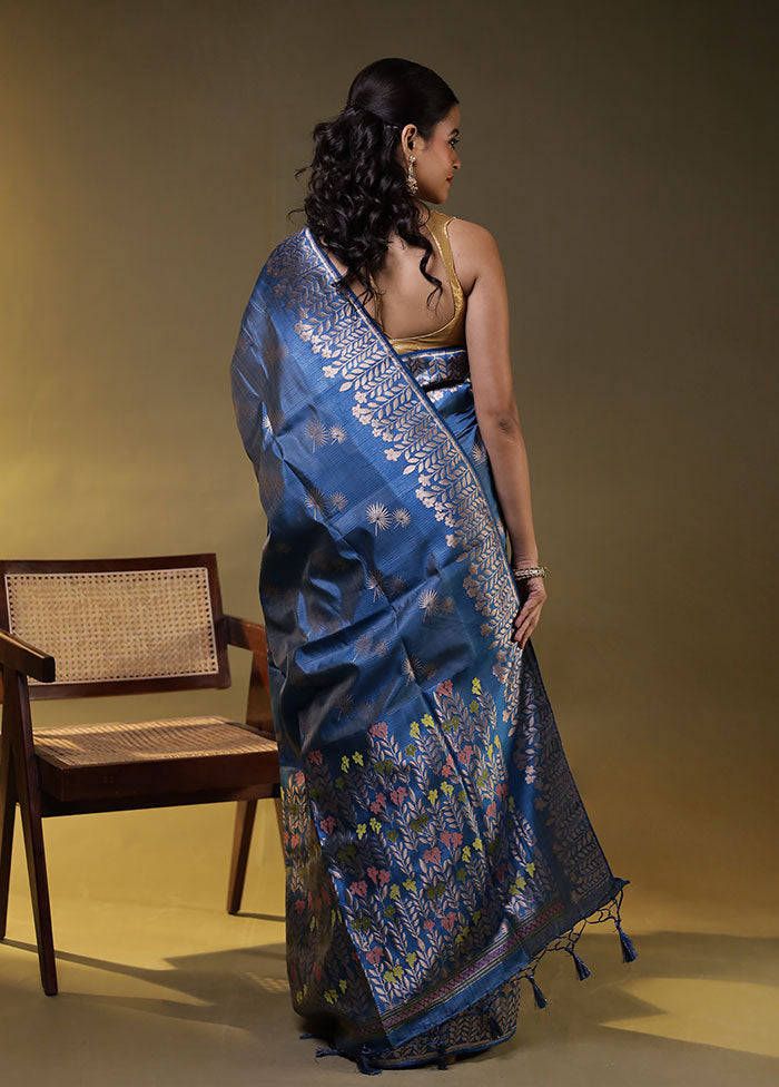 Blue Dupion Silk Saree With Blouse Piece