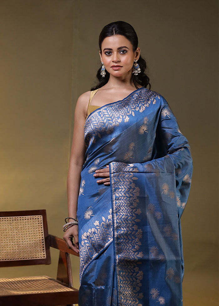 Blue Dupion Silk Saree With Blouse Piece
