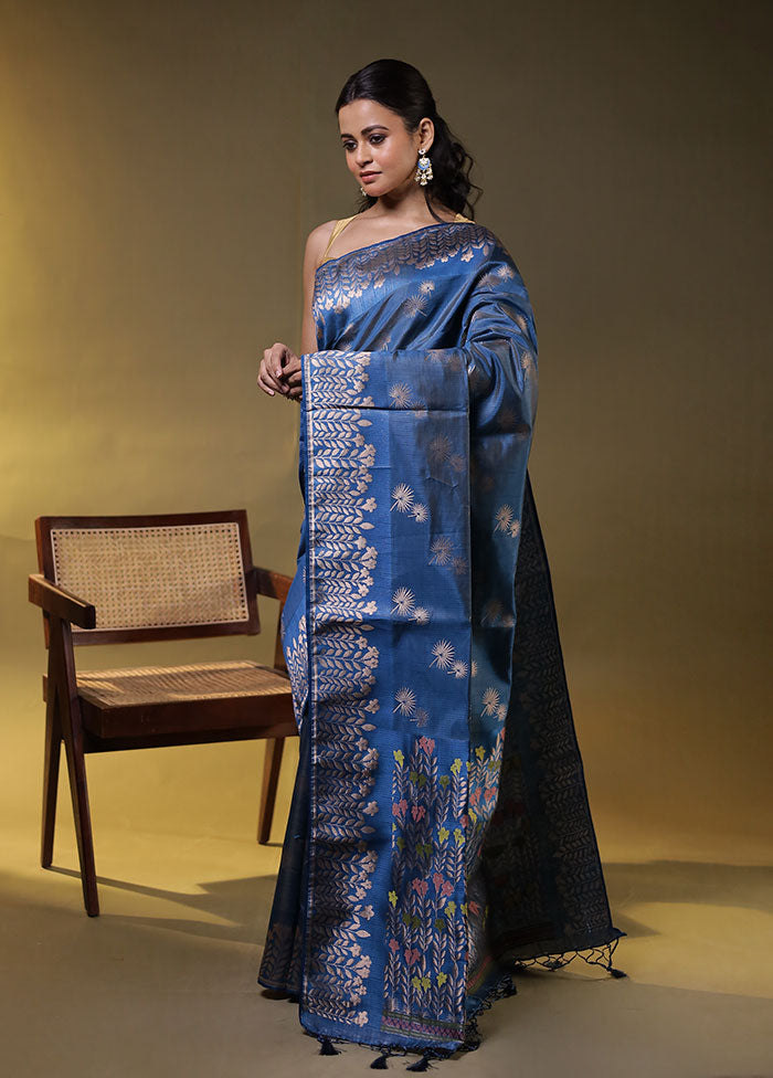 Blue Dupion Silk Saree With Blouse Piece