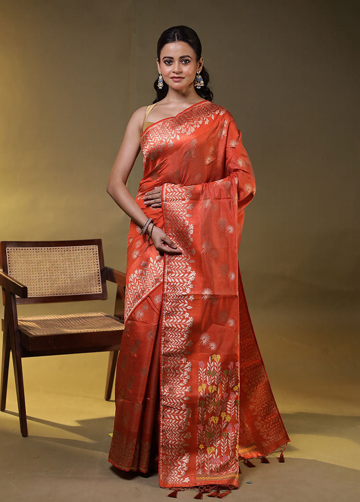 Orange Dupion Silk Saree With Blouse Piece