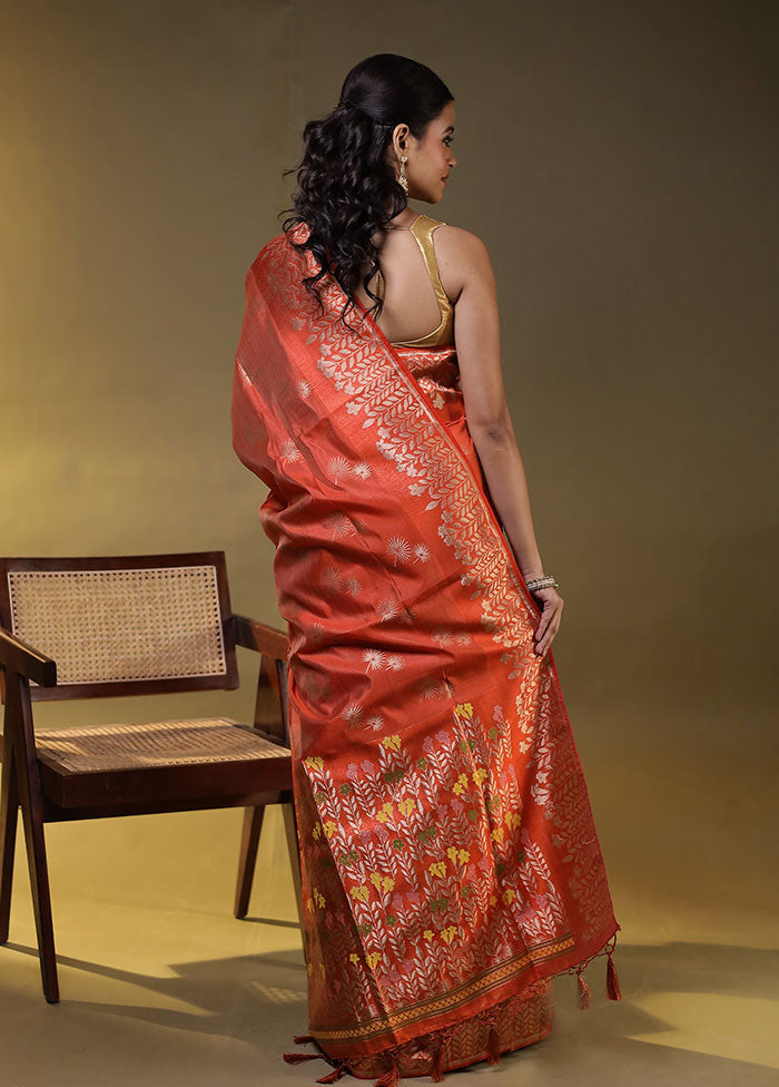 Orange Dupion Silk Saree With Blouse Piece