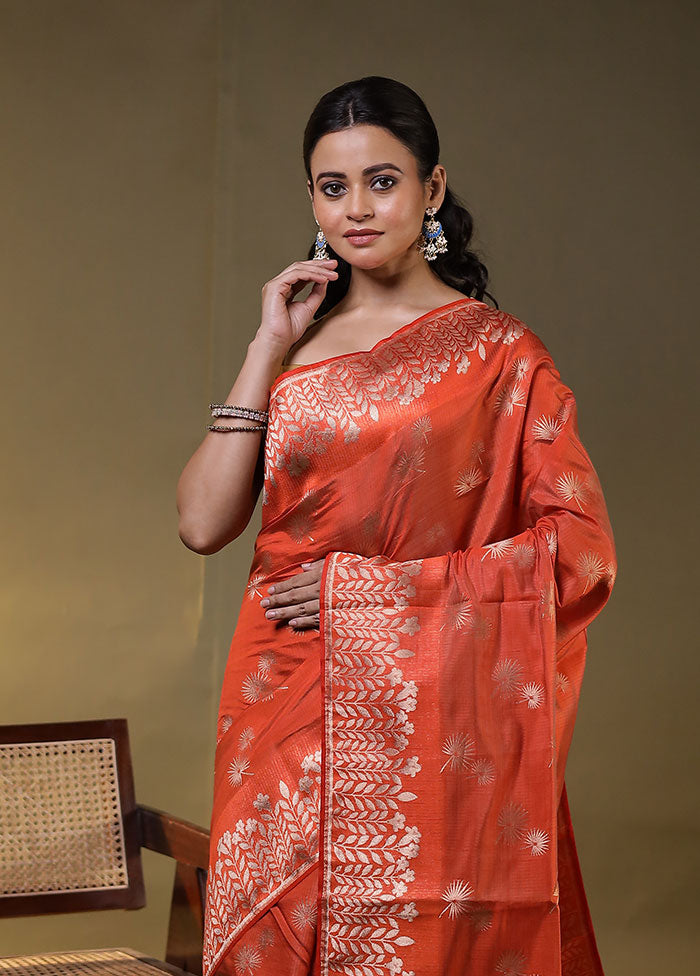 Orange Dupion Silk Saree With Blouse Piece