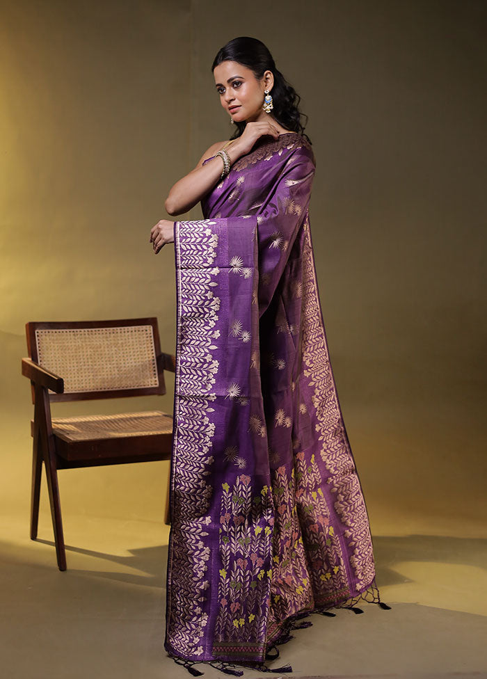 Purple Dupion Silk Saree With Blouse Piece