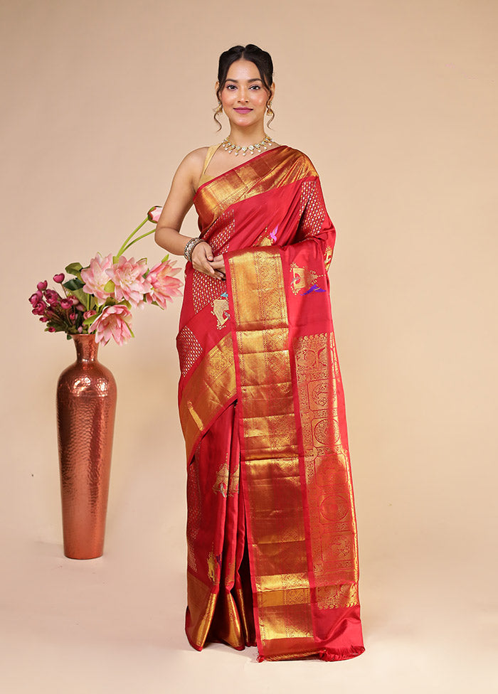 Red Handloom Kanchipuram Pure Silk Saree With Blouse Piece
