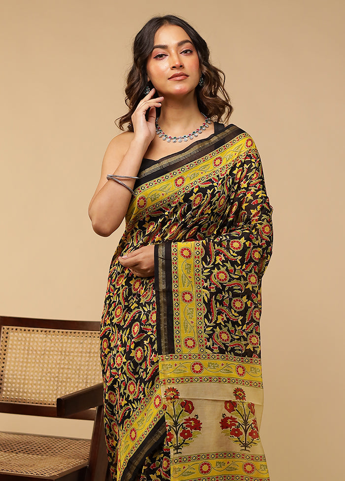 Black Chanderi Silk Saree With Blouse Piece