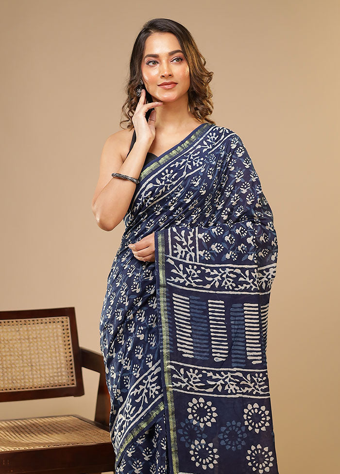Blue Chanderi Silk Saree With Blouse Piece