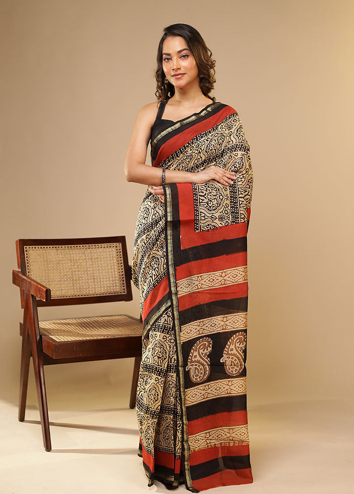 Cream Chanderi Silk Saree With Blouse Piece