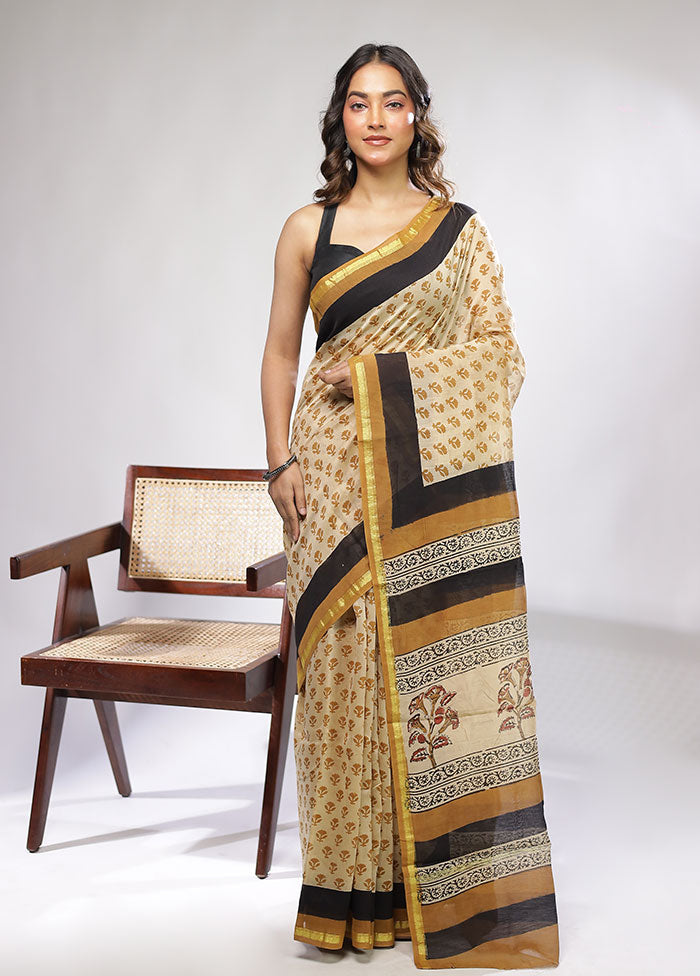 Cream Chanderi Silk Saree With Blouse Piece