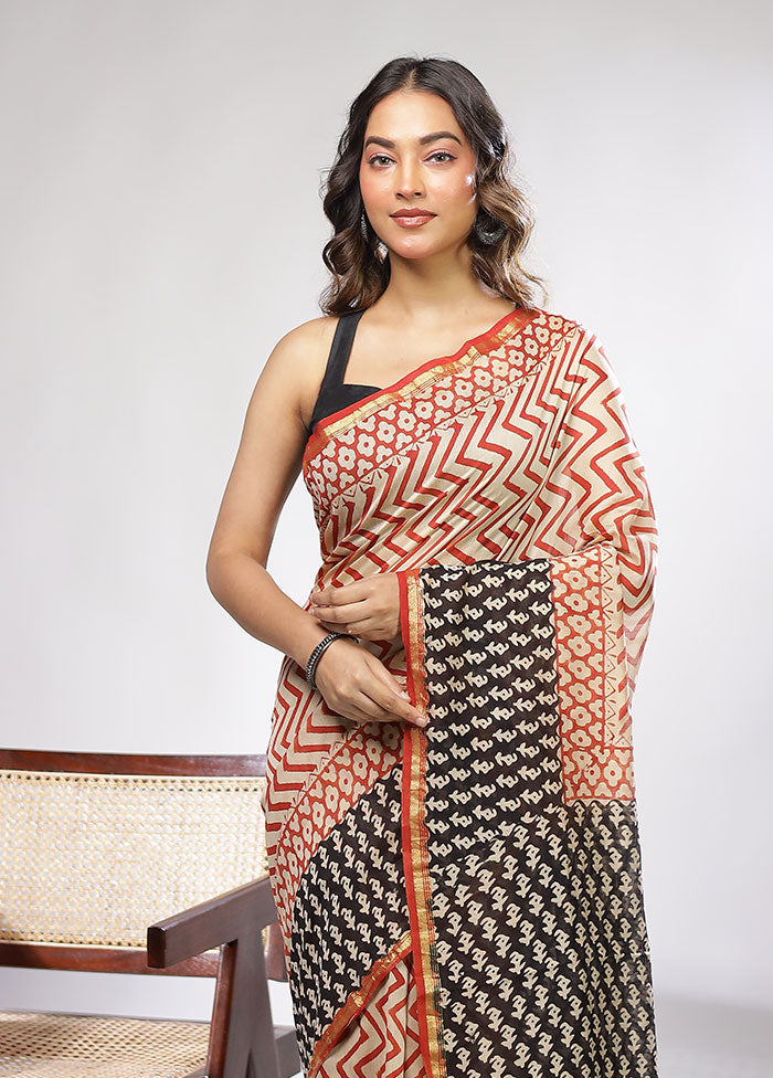 Cream Chanderi Silk Saree With Blouse Piece