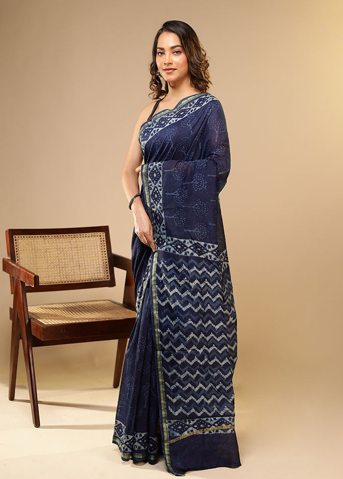 Blue Chanderi Silk Saree With Blouse Piece