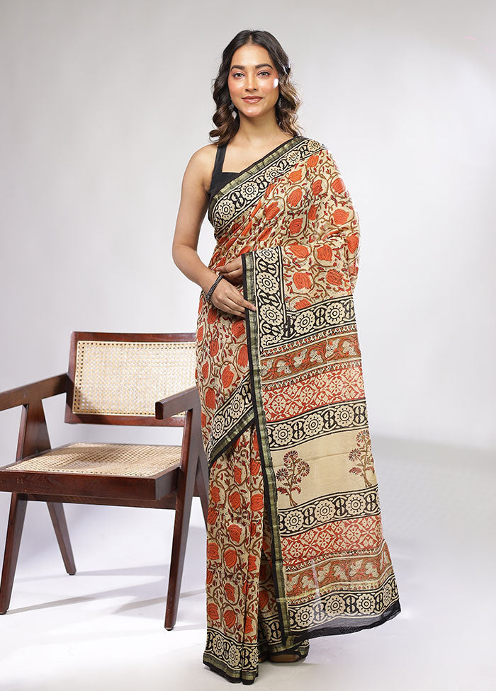 Cream Chanderi Silk Saree With Blouse Piece