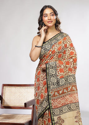 Cream Chanderi Silk Saree With Blouse Piece