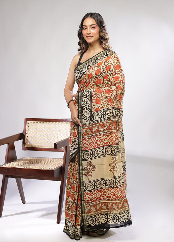 Cream Chanderi Silk Saree With Blouse Piece