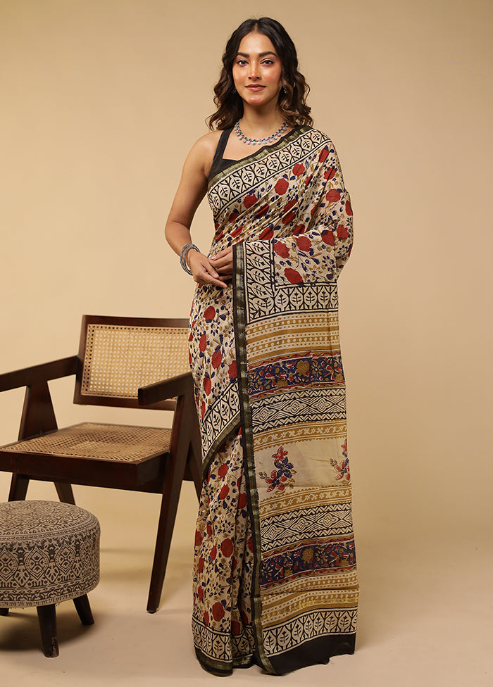 Cream Chanderi Silk Saree With Blouse Piece