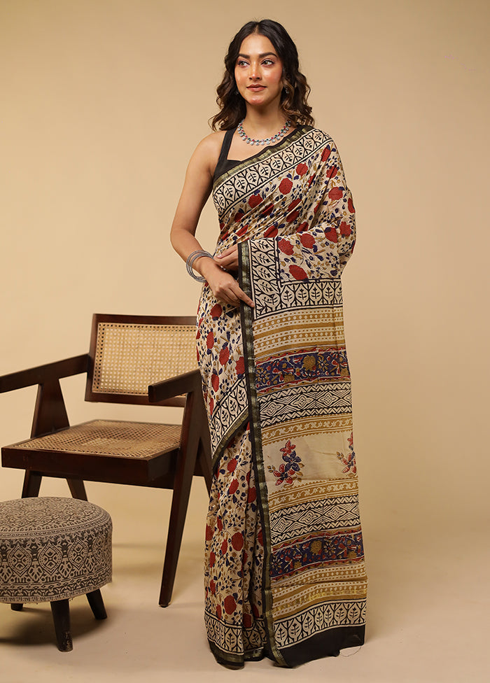 Cream Chanderi Silk Saree With Blouse Piece