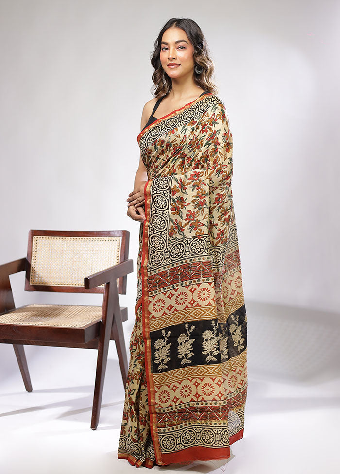 Cream Chanderi Silk Saree With Blouse Piece