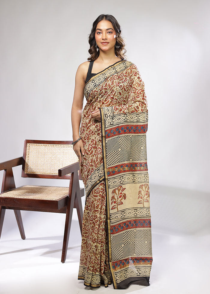 Cream Chanderi Silk Saree With Blouse Piece