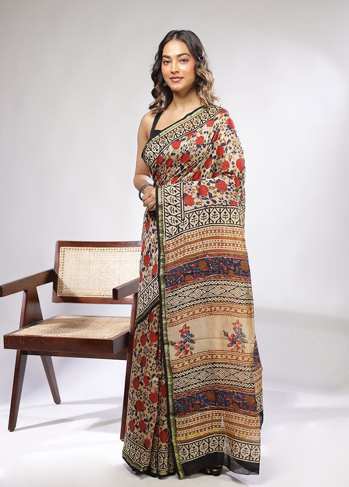Cream Chanderi Silk Saree With Blouse Piece