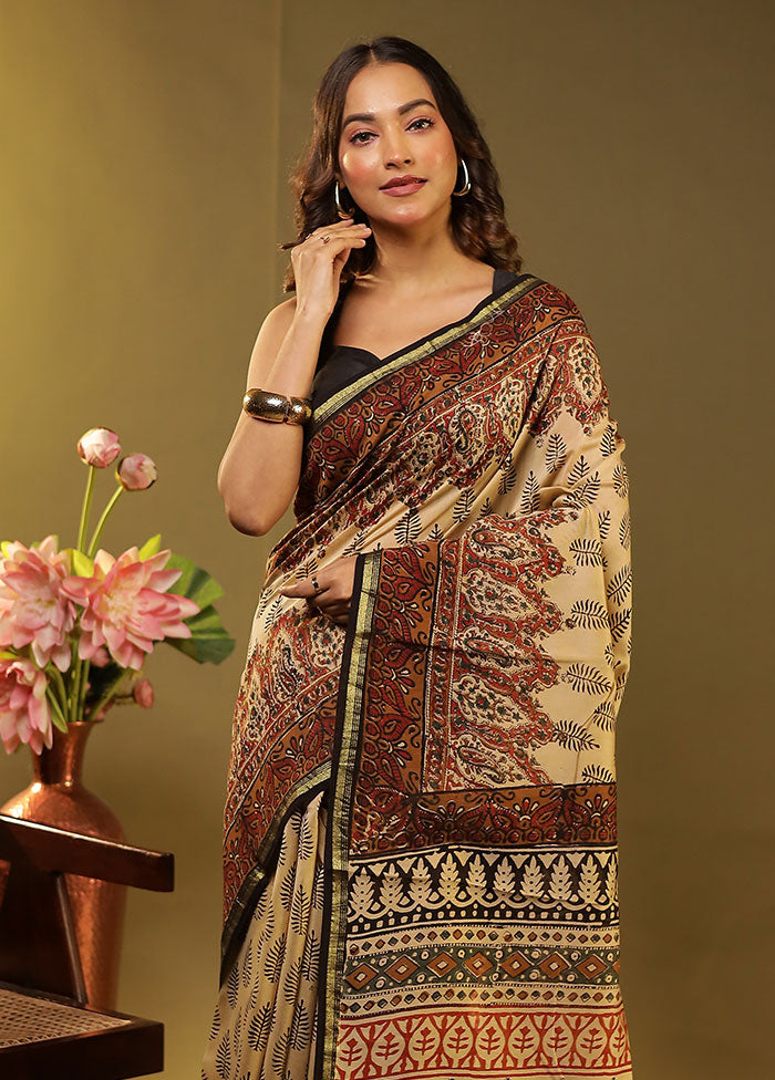 Cream Chanderi Silk Saree With Blouse Piece