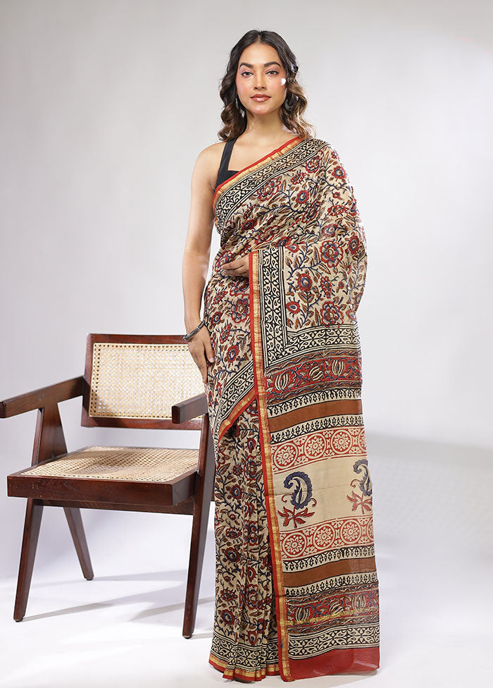Cream Chanderi Silk Saree With Blouse Piece