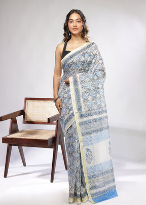 White Chanderi Silk Saree With Blouse Piece
