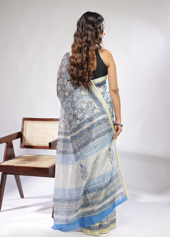 White Chanderi Silk Saree With Blouse Piece