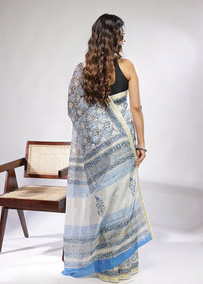 White Chanderi Silk Saree With Blouse Piece
