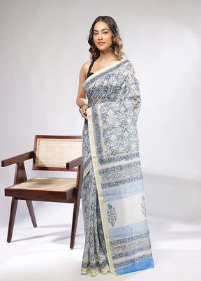 White Chanderi Silk Saree With Blouse Piece