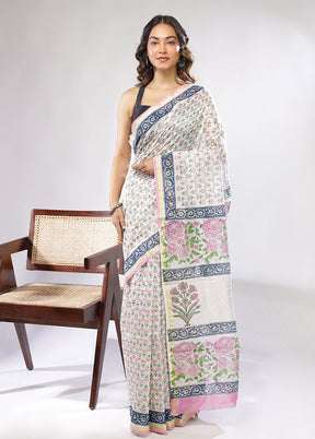 White Chanderi Silk Saree With Blouse Piece