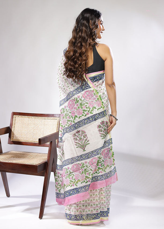 White Chanderi Silk Saree With Blouse Piece