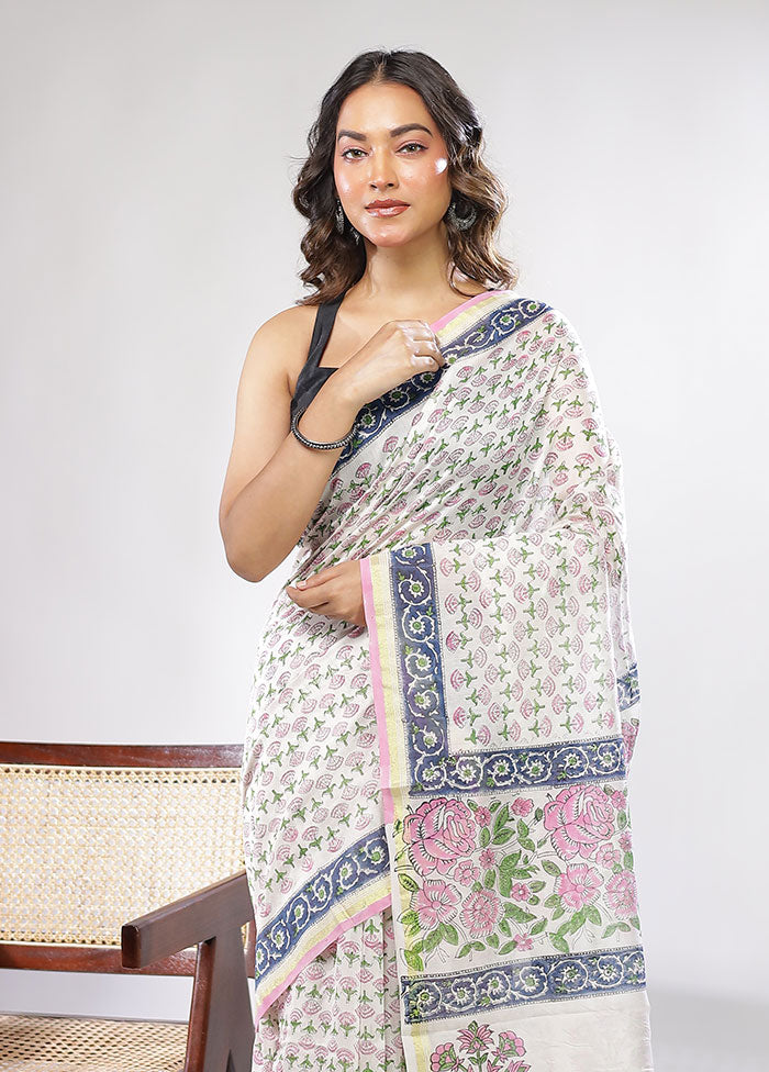 White Chanderi Silk Saree With Blouse Piece