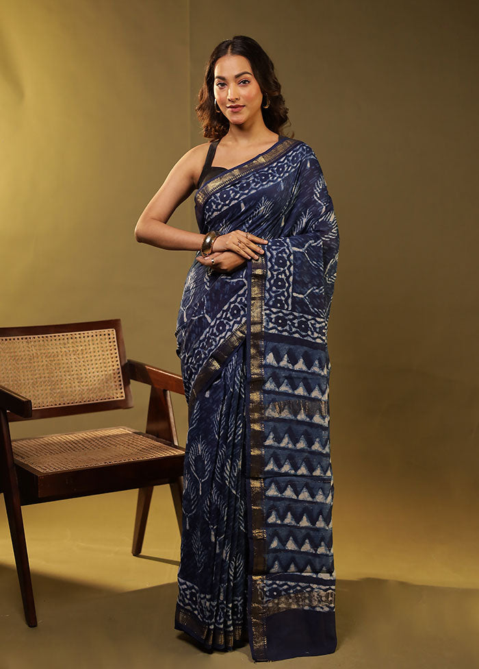 Blue Chanderi Silk Saree With Blouse Piece