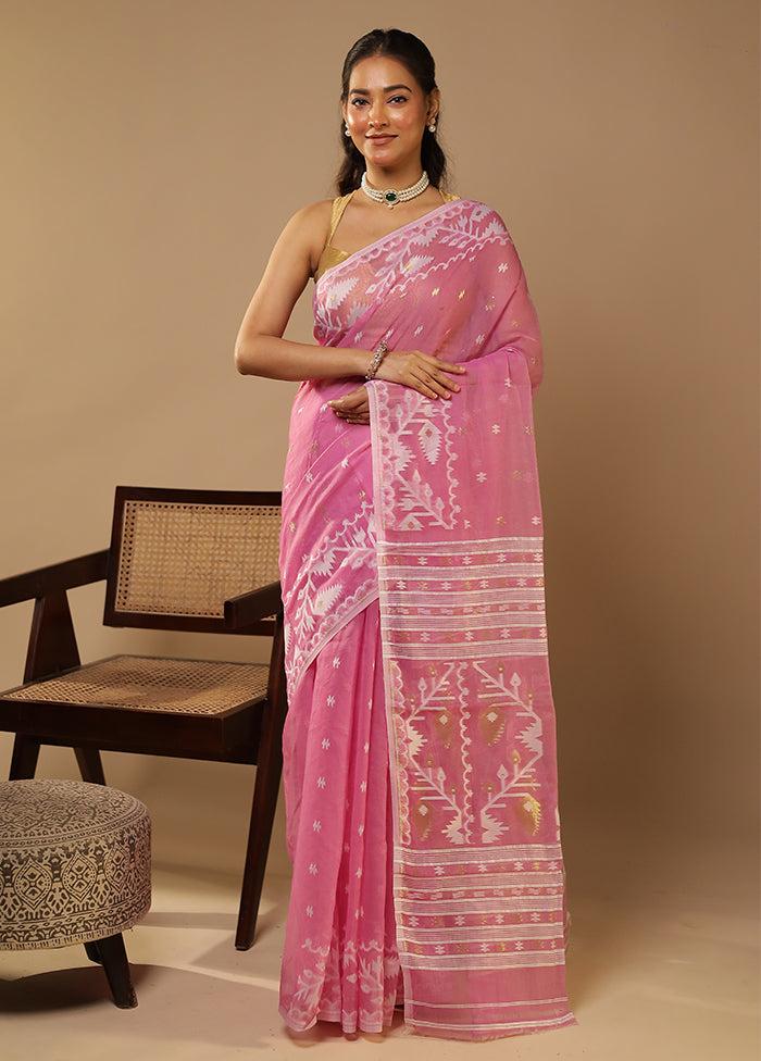 Pink Jamdani Cotton Saree With Blouse Piece