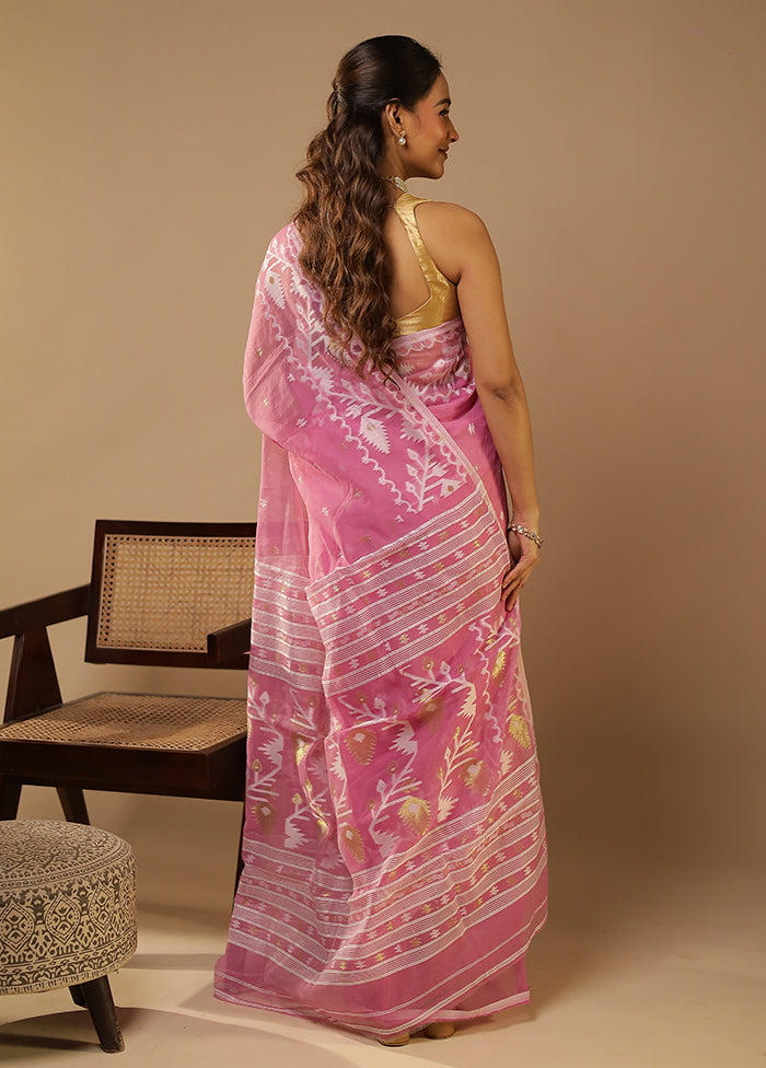 Pink Jamdani Cotton Saree With Blouse Piece