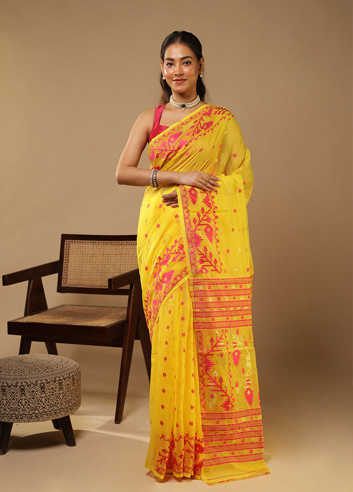 Yellow Jamdani Cotton Saree Without Blouse Piece