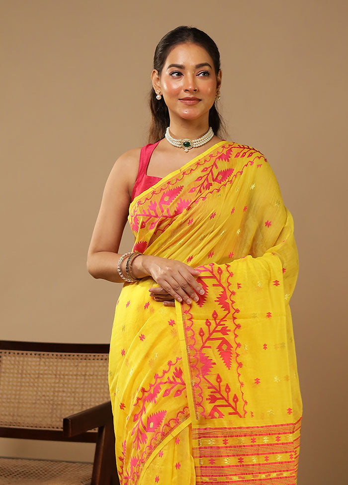 Yellow Jamdani Cotton Saree Without Blouse Piece